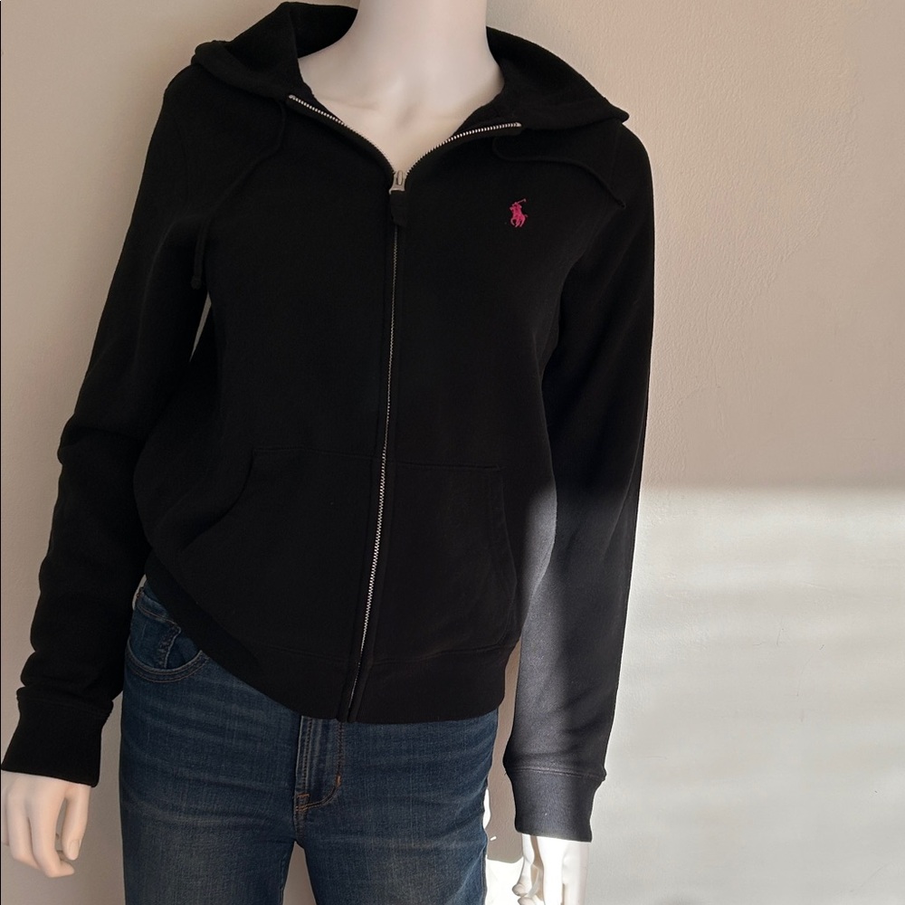 Ralph Lauren Black Zip-Up Hoodie with Pink Logo
